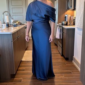 Amsale Navy Satin One-Shoulder Gown